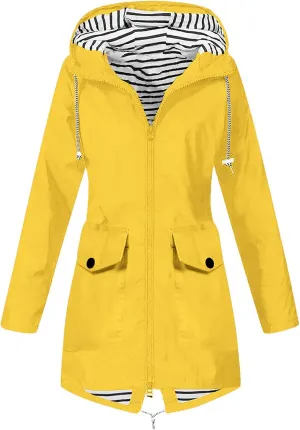 Rain Jacket Women Waterproof Long Hooded Rain Coats Striped Lined Trench Coats Hiking Travel Windbreaker 2024
