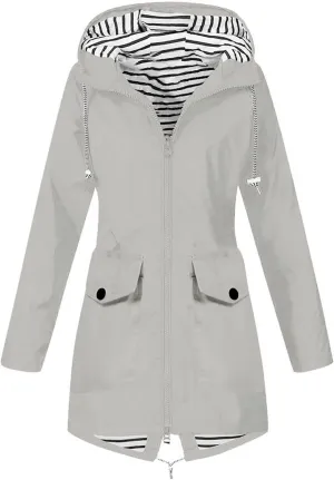 Rain Jacket Women Waterproof Long Hooded Rain Coats Striped Lined Trench Coats Hiking Travel Windbreaker 2024