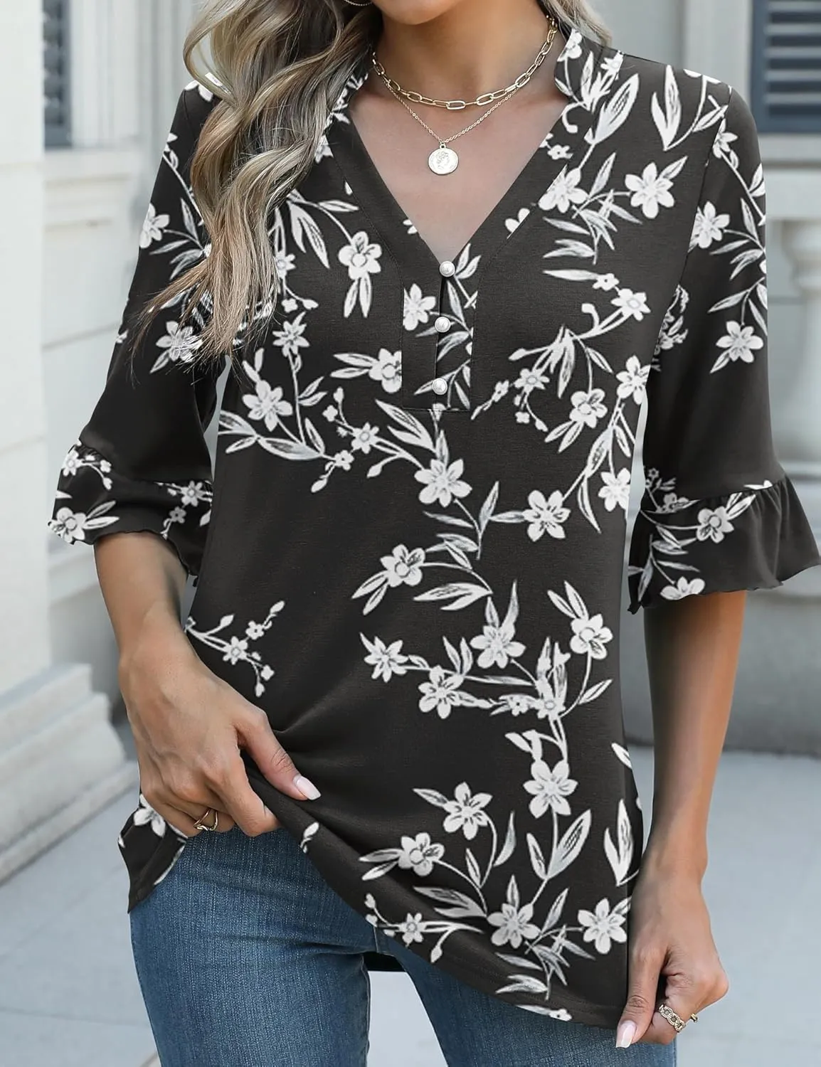 Rapbin Womens 3/4 Length Sleeve Blouses Ruffle Cuffs V Neck Button Down Shirts Dressy Flowy Tunic Tops