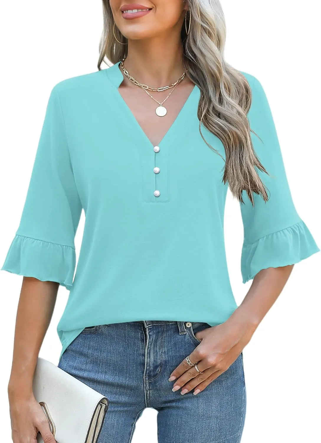 Rapbin Womens 3/4 Length Sleeve Blouses Ruffle Cuffs V Neck Button Down Shirts Dressy Flowy Tunic Tops