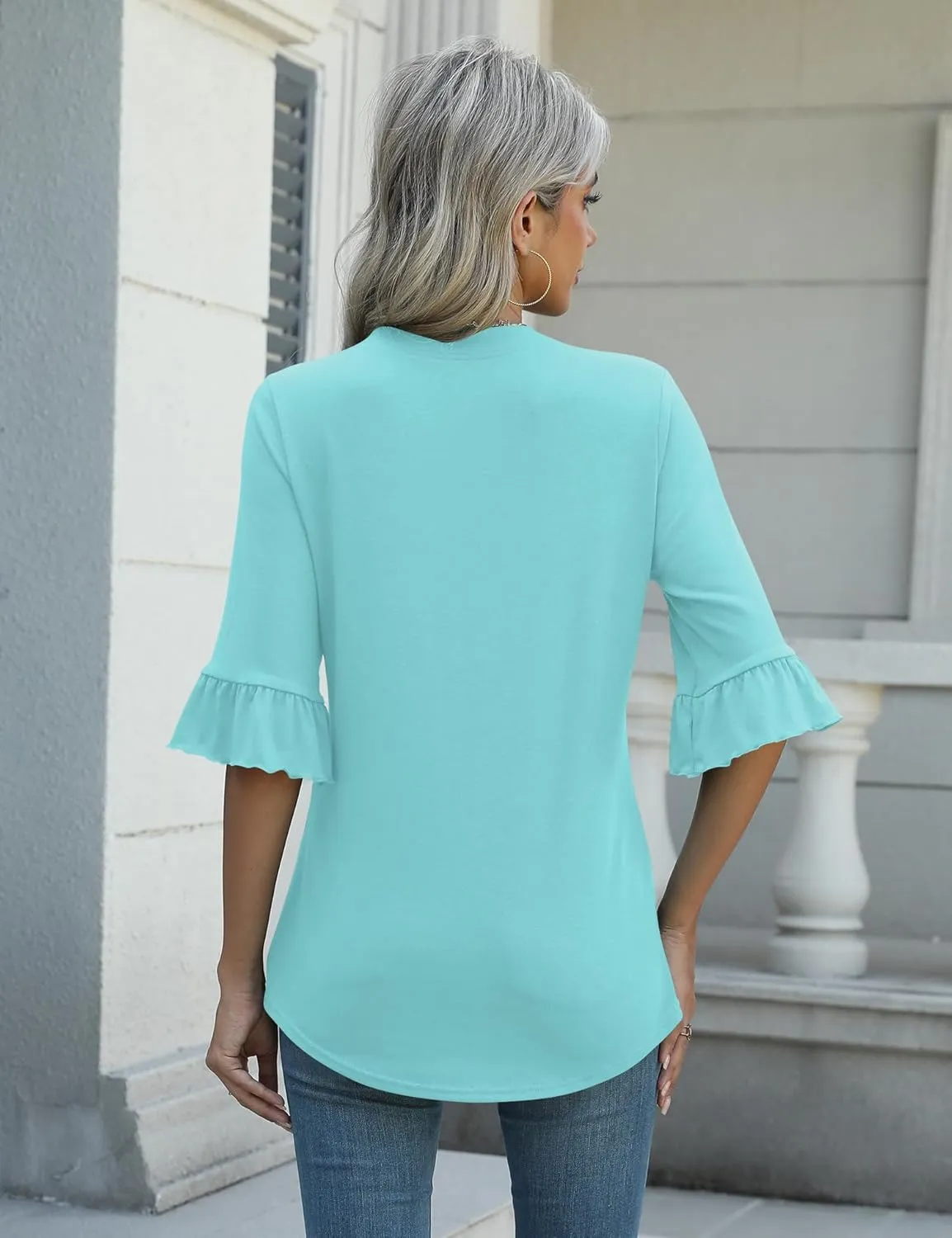 Rapbin Womens 3/4 Length Sleeve Blouses Ruffle Cuffs V Neck Button Down Shirts Dressy Flowy Tunic Tops