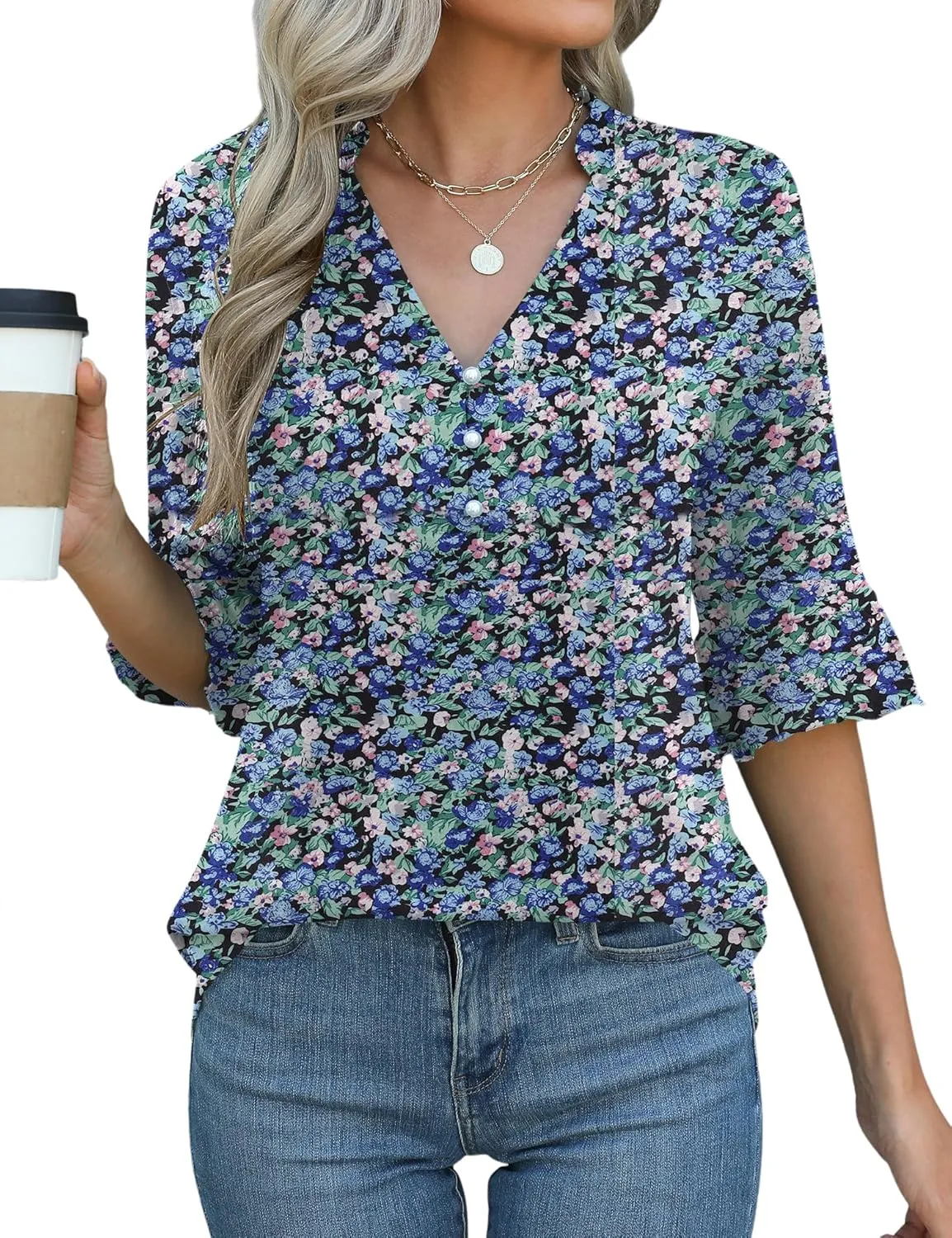Rapbin Womens 3/4 Length Sleeve Blouses Ruffle Cuffs V Neck Button Down Shirts Dressy Flowy Tunic Tops