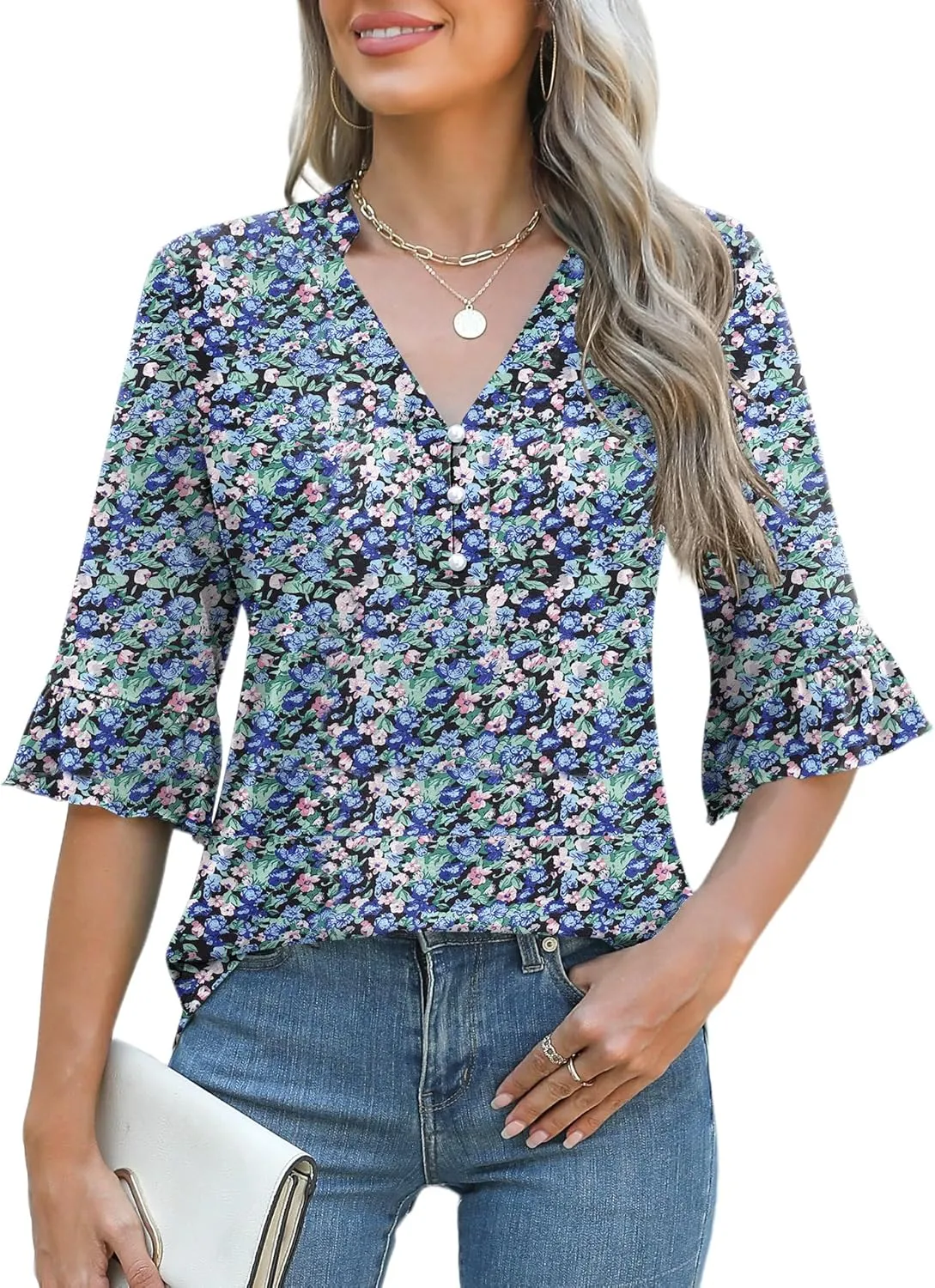 Rapbin Womens 3/4 Length Sleeve Blouses Ruffle Cuffs V Neck Button Down Shirts Dressy Flowy Tunic Tops
