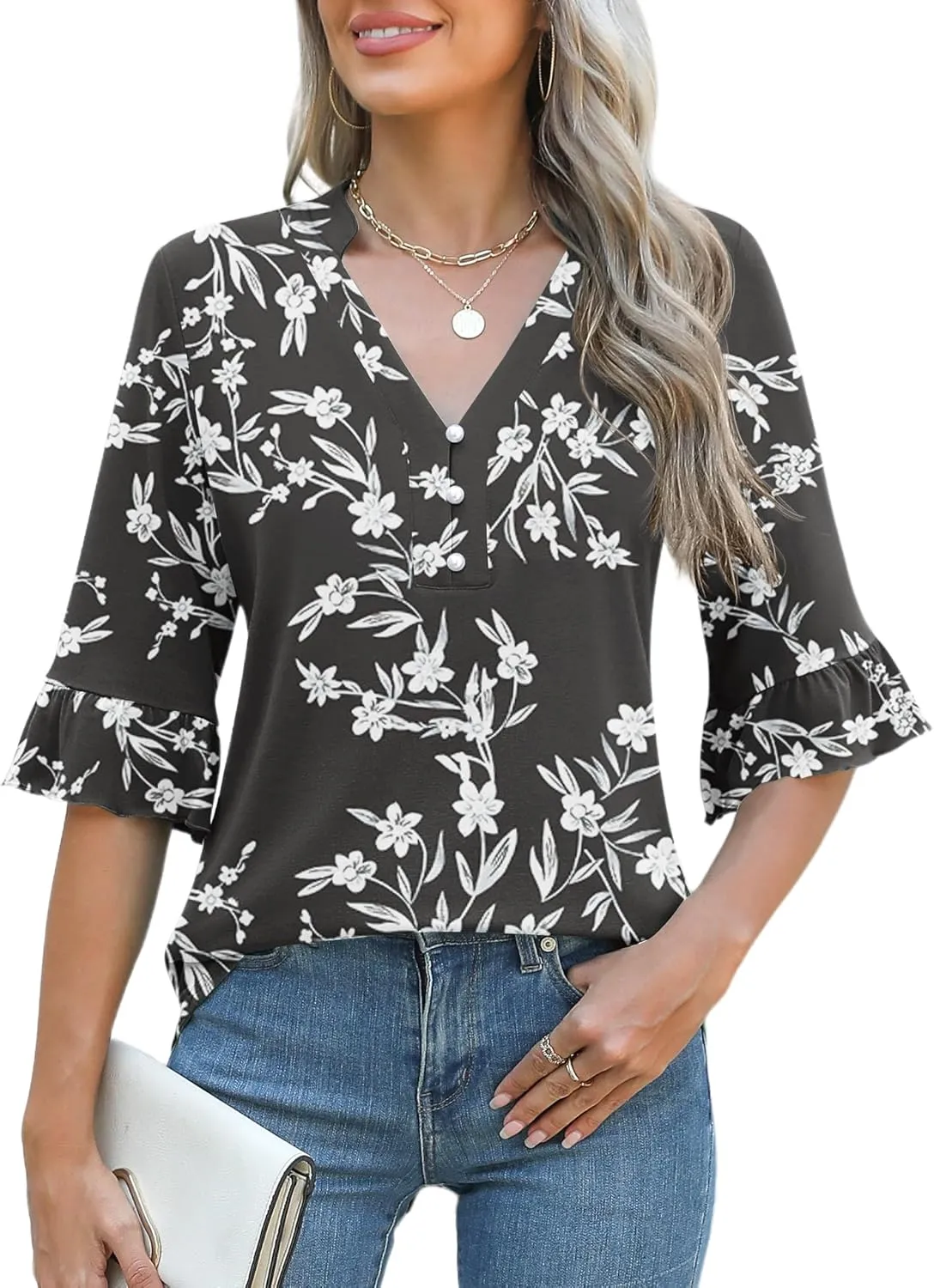 Rapbin Womens 3/4 Length Sleeve Blouses Ruffle Cuffs V Neck Button Down Shirts Dressy Flowy Tunic Tops