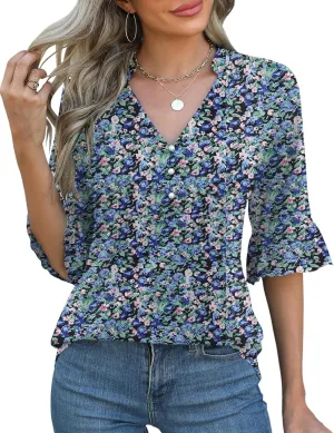 Rapbin Womens 3/4 Length Sleeve Blouses Ruffle Cuffs V Neck Button Down Shirts Dressy Flowy Tunic Tops