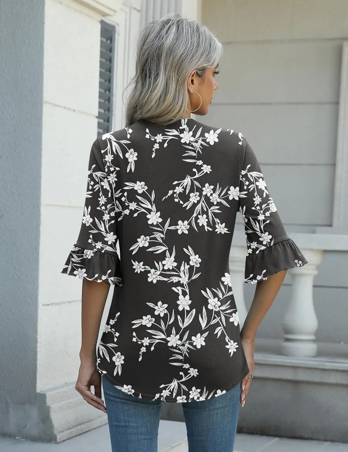 Rapbin Womens 3/4 Length Sleeve Blouses Ruffle Cuffs V Neck Button Down Shirts Dressy Flowy Tunic Tops