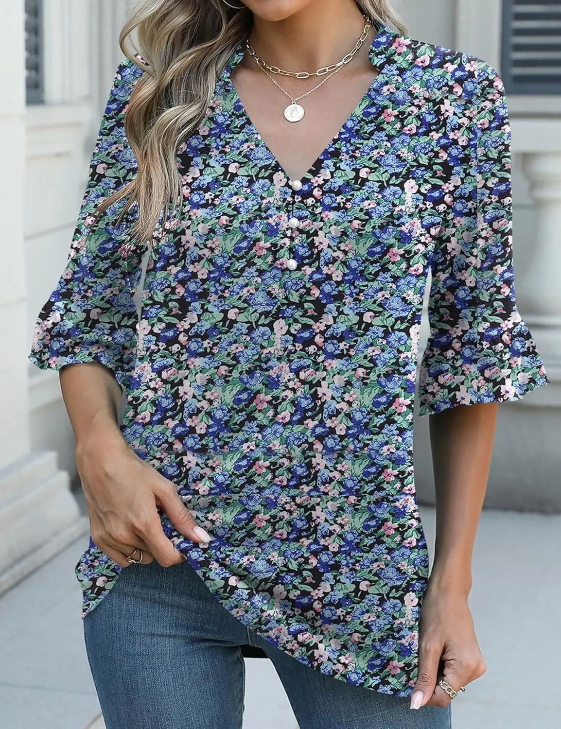 Rapbin Womens 3/4 Length Sleeve Blouses Ruffle Cuffs V Neck Button Down Shirts Dressy Flowy Tunic Tops