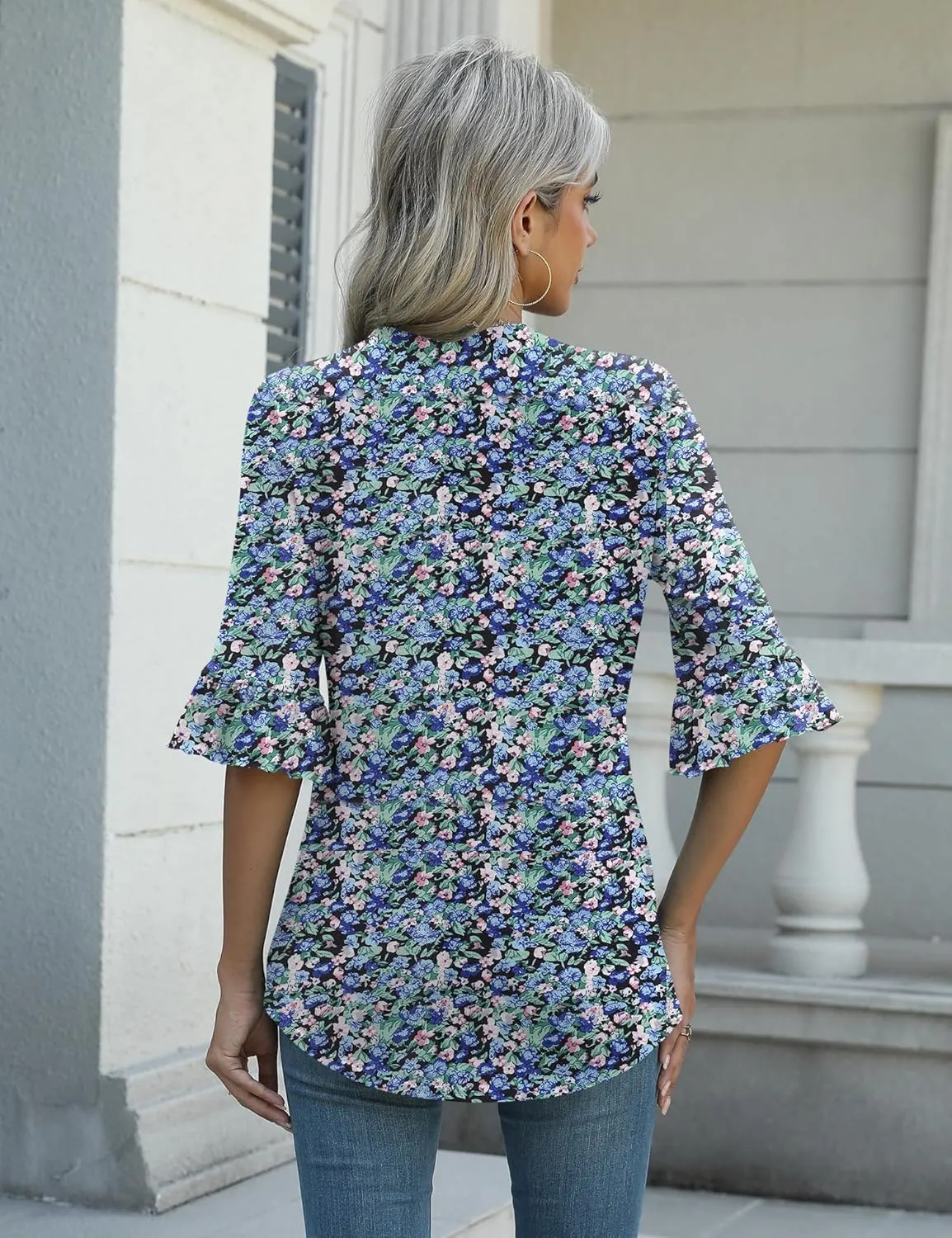 Rapbin Womens 3/4 Length Sleeve Blouses Ruffle Cuffs V Neck Button Down Shirts Dressy Flowy Tunic Tops