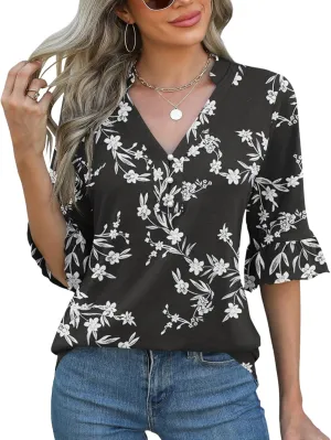 Rapbin Womens 3/4 Length Sleeve Blouses Ruffle Cuffs V Neck Button Down Shirts Dressy Flowy Tunic Tops