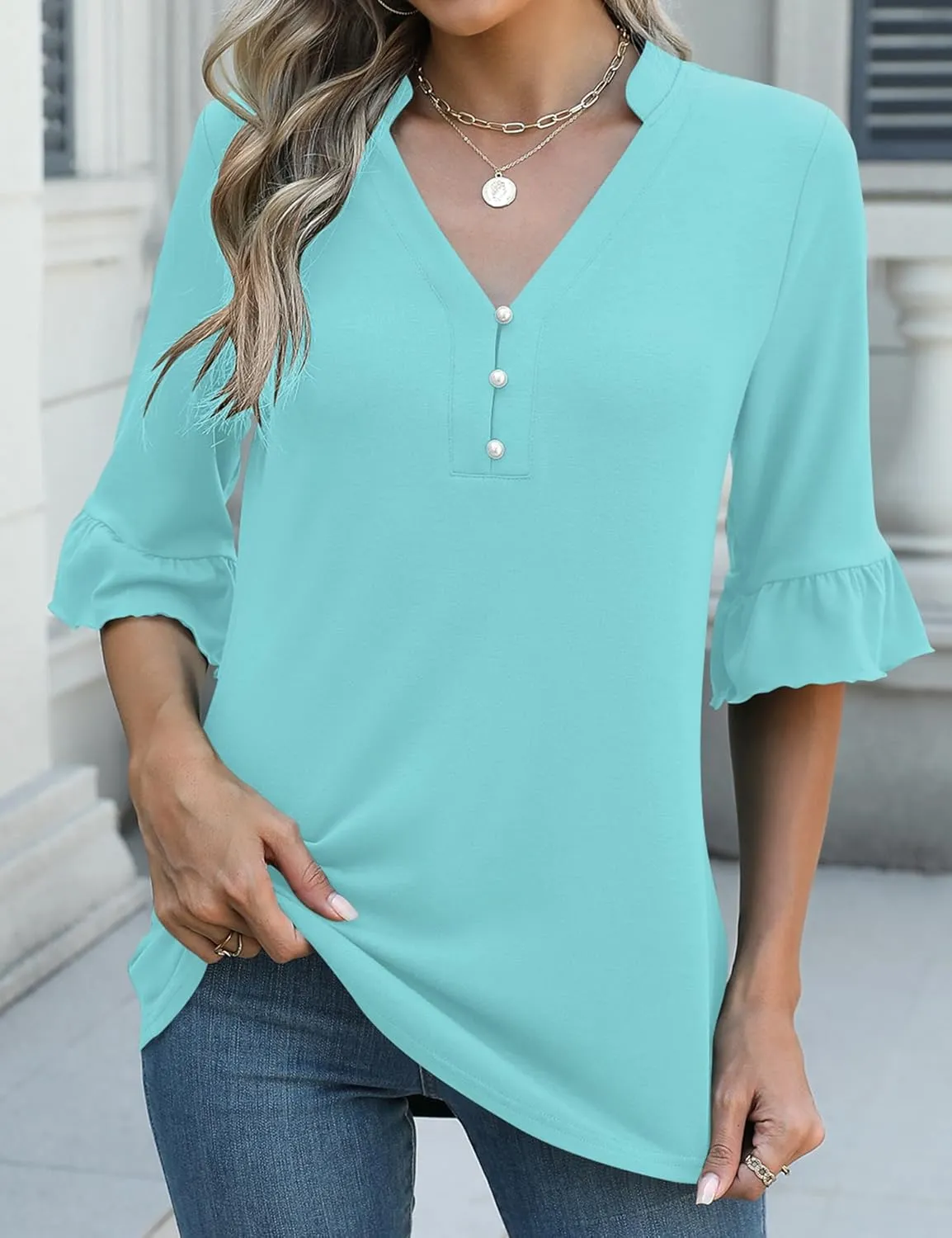 Rapbin Womens 3/4 Length Sleeve Blouses Ruffle Cuffs V Neck Button Down Shirts Dressy Flowy Tunic Tops