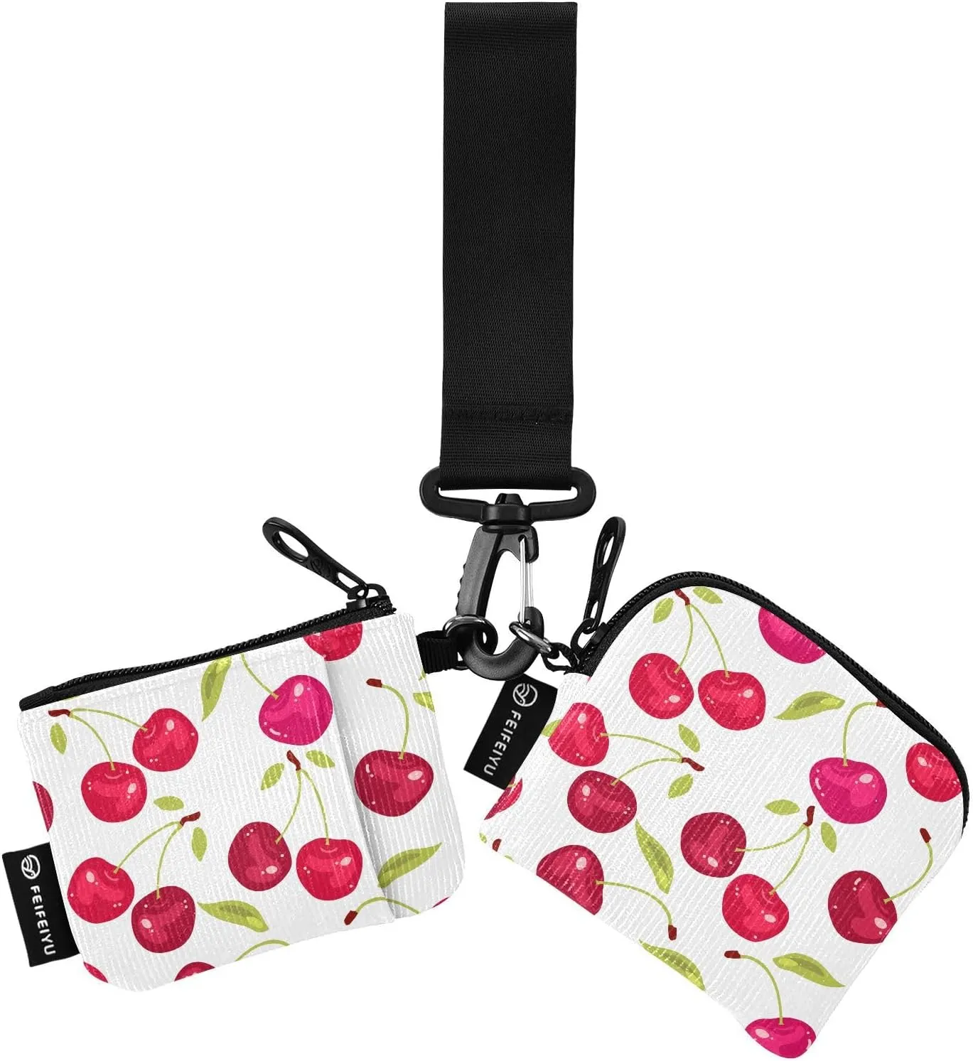 Red Cherry 2PCS Coin Purse Wristlet Wallets Keychain Wallet Zip Around Portable Wallet with Detachable Dual Pouch