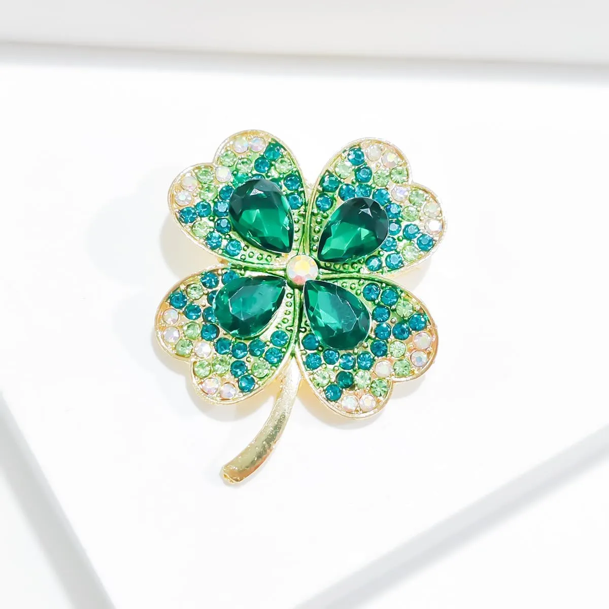 Rhinestone Clover Leaf Brooch Pin, Green Four Leaf Clover Pin Shamrock Lapel Pin, Gold Plated Vintage Crystal Flower Brooches