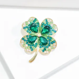Rhinestone Clover Leaf Brooch Pin, Green Four Leaf Clover Pin Shamrock Lapel Pin, Gold Plated Vintage Crystal Flower Brooches
