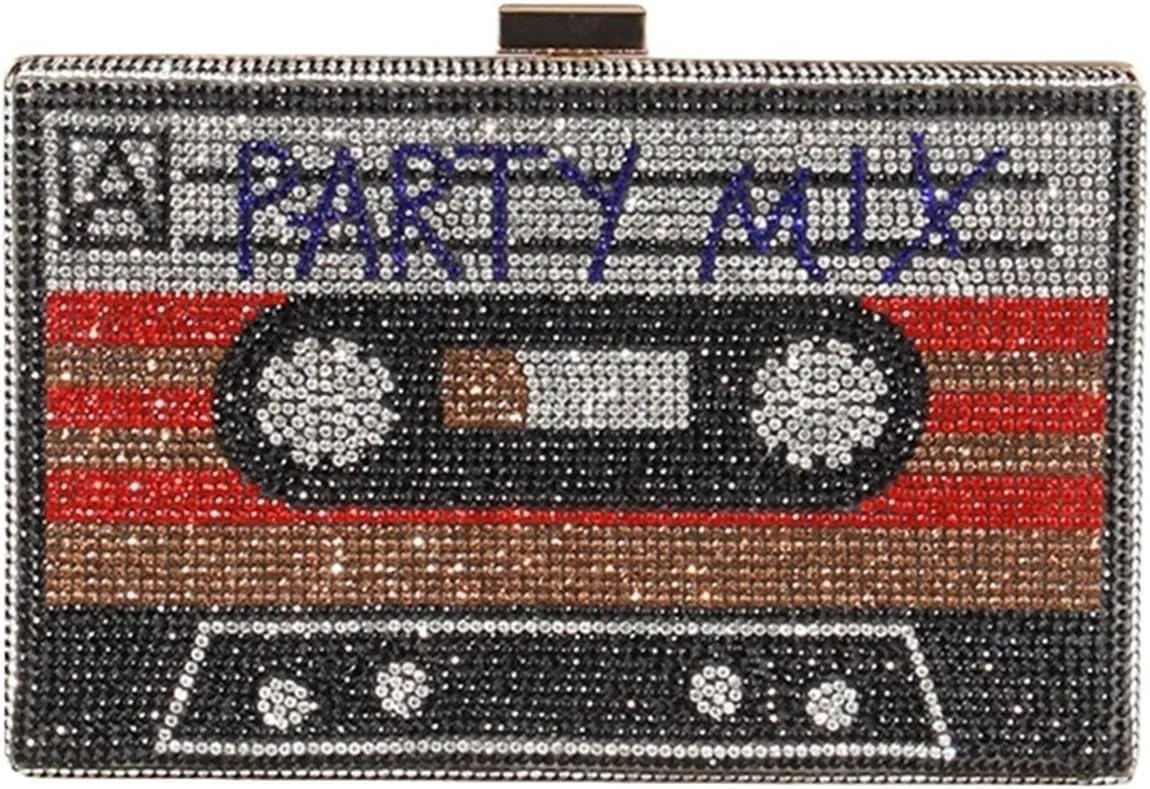 Rhinestone Purse Crystal Women's Rhinestone Wedding Clutch Bag Cassette Tape Evening Bag Party Money Purses Handbags Shoulder Bag(Black)