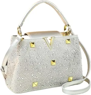 Rhinestone Purse Diamonds Women's Handbags Ladies Leather Rivets Shoulder Crossbody Bag Portable Shell Bags(Silver)