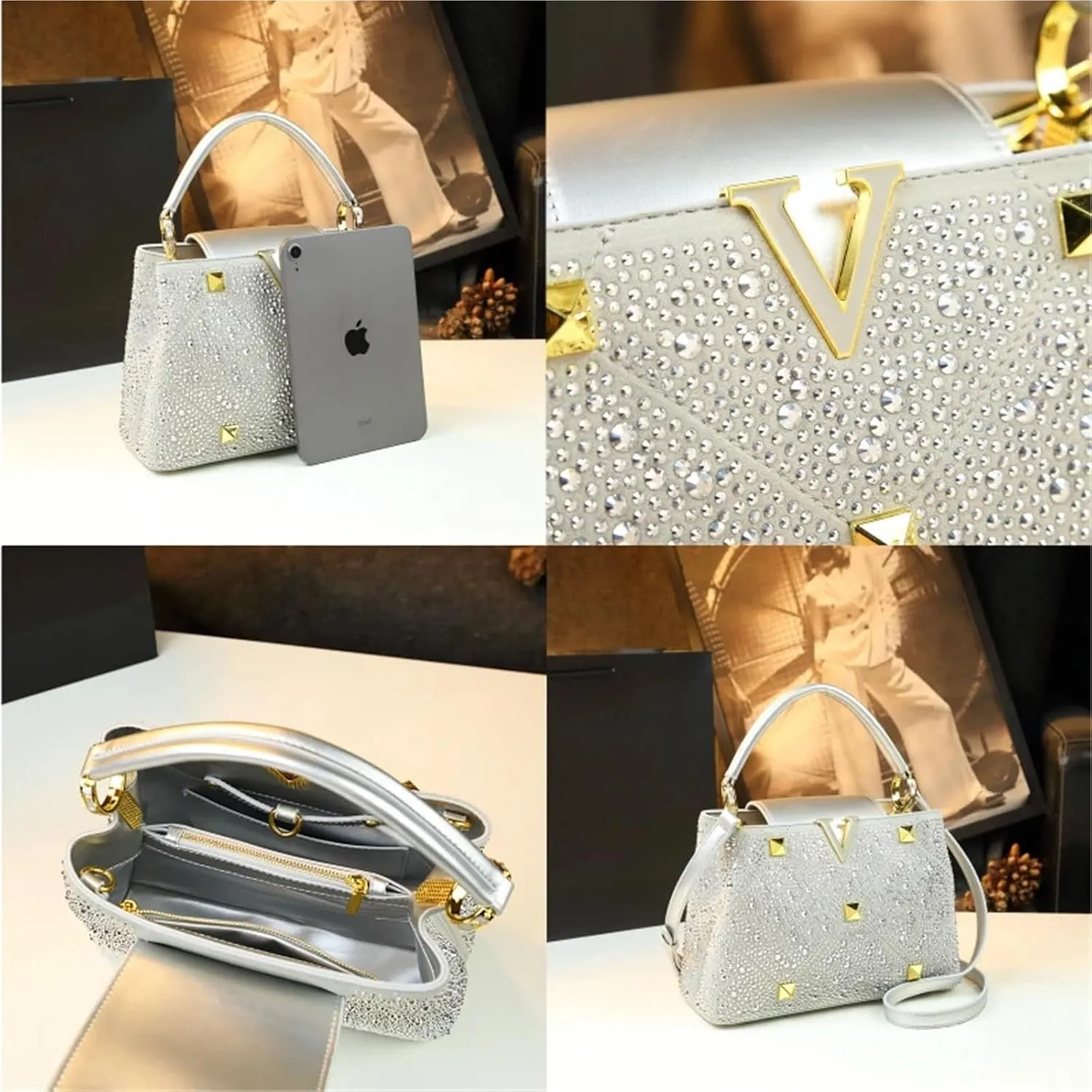Rhinestone Purse Diamonds Women's Handbags Ladies Leather Rivets Shoulder Crossbody Bag Portable Shell Bags(Silver)