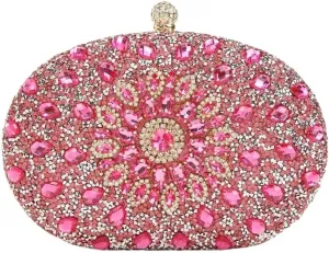 Rhinestone Purse Gorgeous Shiny Mini Diamond-Studded Rhinestone Floral Hand-held Dinner Bag for Wedding and Party(Pink)