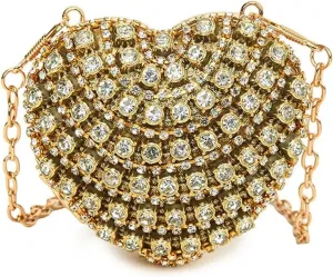 Rhinestone Purse Mini Diamond Inlay Heart Shape Crystal Clutch Purse Stones Evening Wedding Party Shoulder Bag(Gold)
