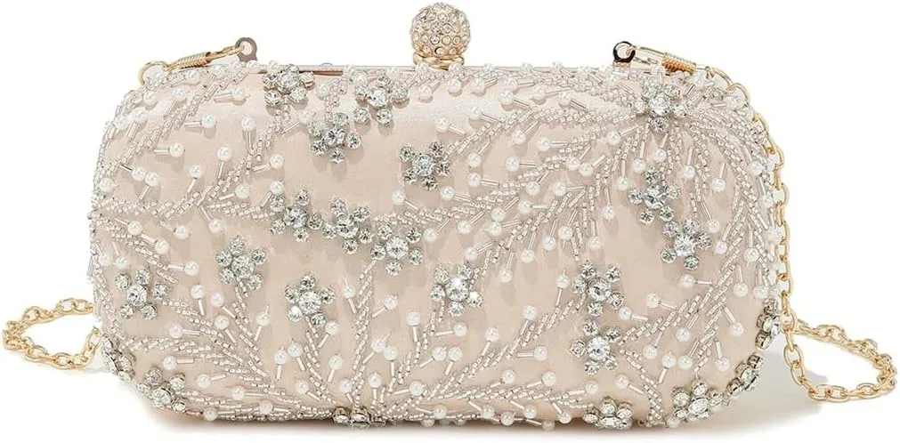Rhinestone Purse Shiny Heavy Handmake Diamond-Studded Rhinestones Beaded Flower Pattern Hand Party Wedding Dinner Bag(Color 3)