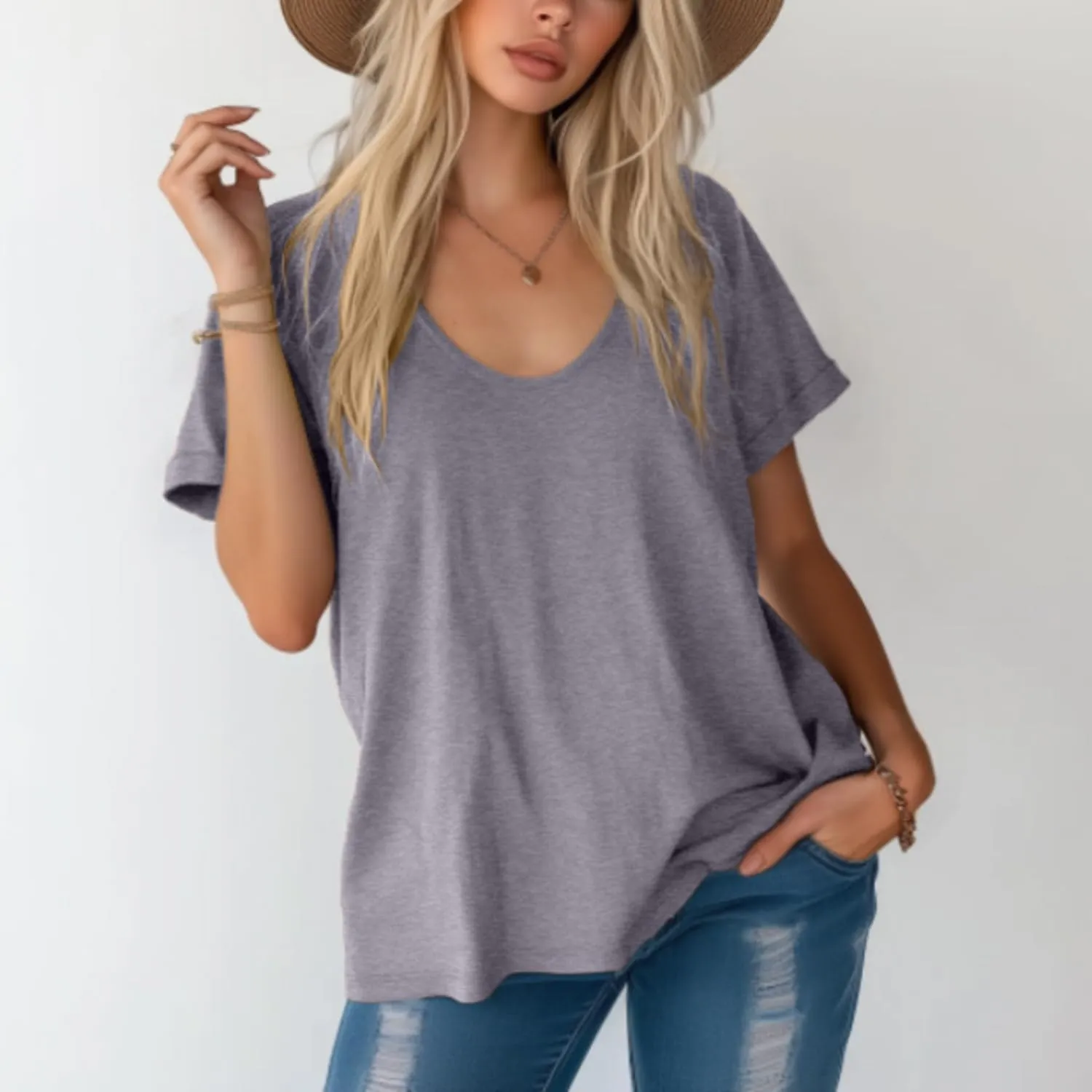 Riyiper 3 Pack Women's V Neck Shirt, Summer Rolled Sleeve Solid Tops Casual Loose Tees Lightweight Basic Soft Tshirt