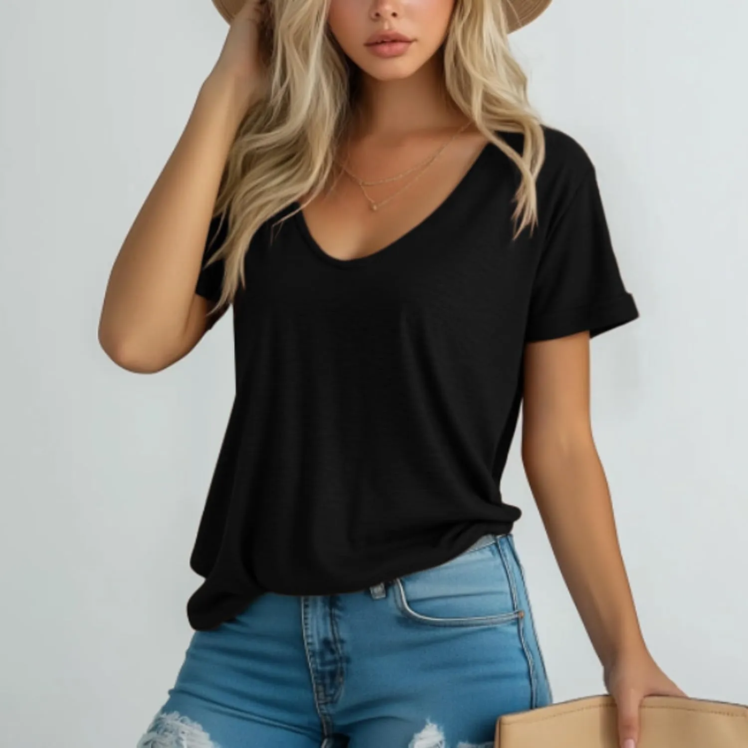Riyiper 3 Pack Women's V Neck Shirt, Summer Rolled Sleeve Solid Tops Casual Loose Tees Lightweight Basic Soft Tshirt