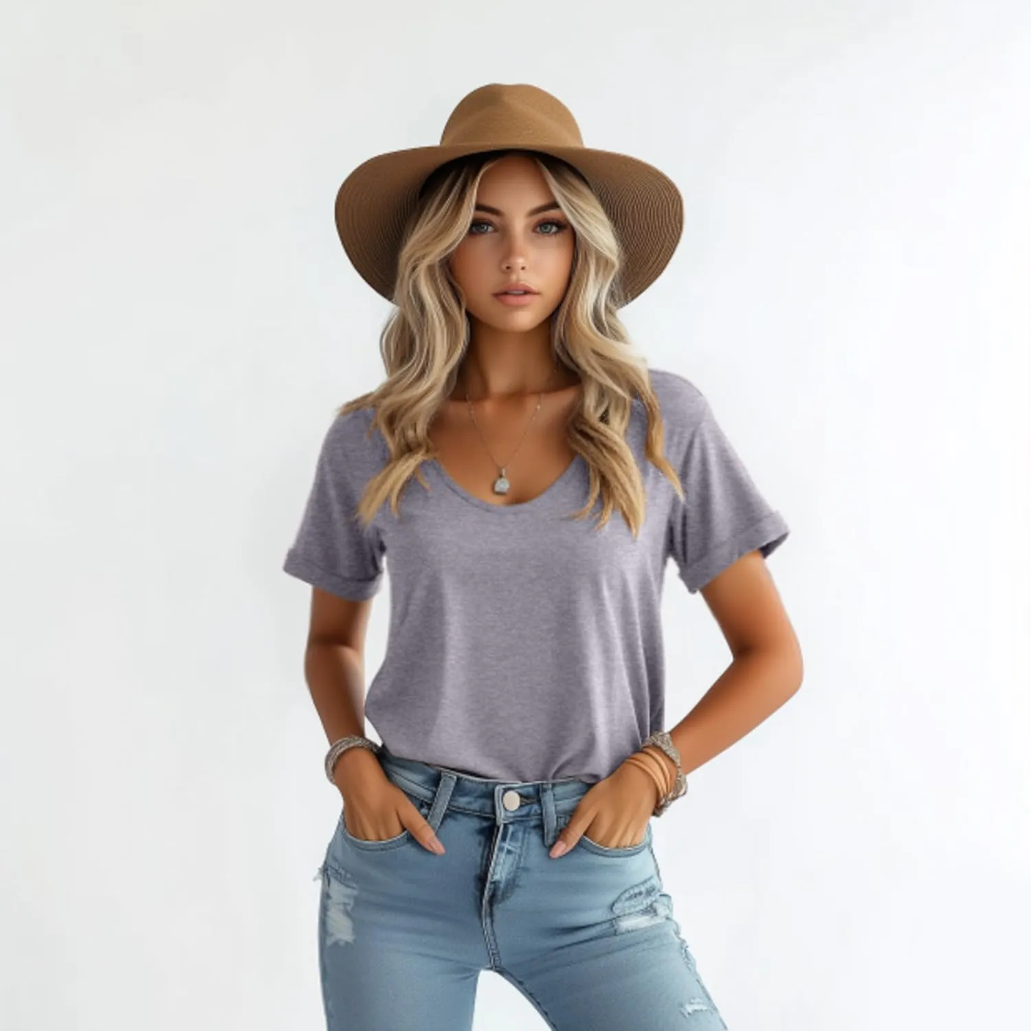 Riyiper 3 Pack Women's V Neck Shirt, Summer Rolled Sleeve Solid Tops Casual Loose Tees Lightweight Basic Soft Tshirt