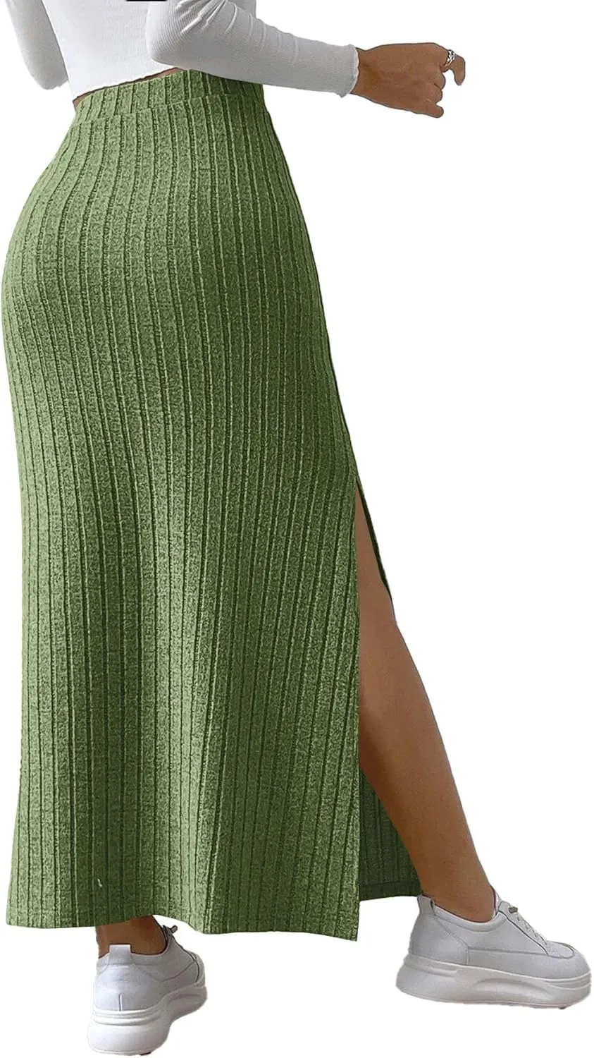 Rooscier Women's Side Slit Ribbed Knit Bodycon High Waisted Casual Long Skirts
