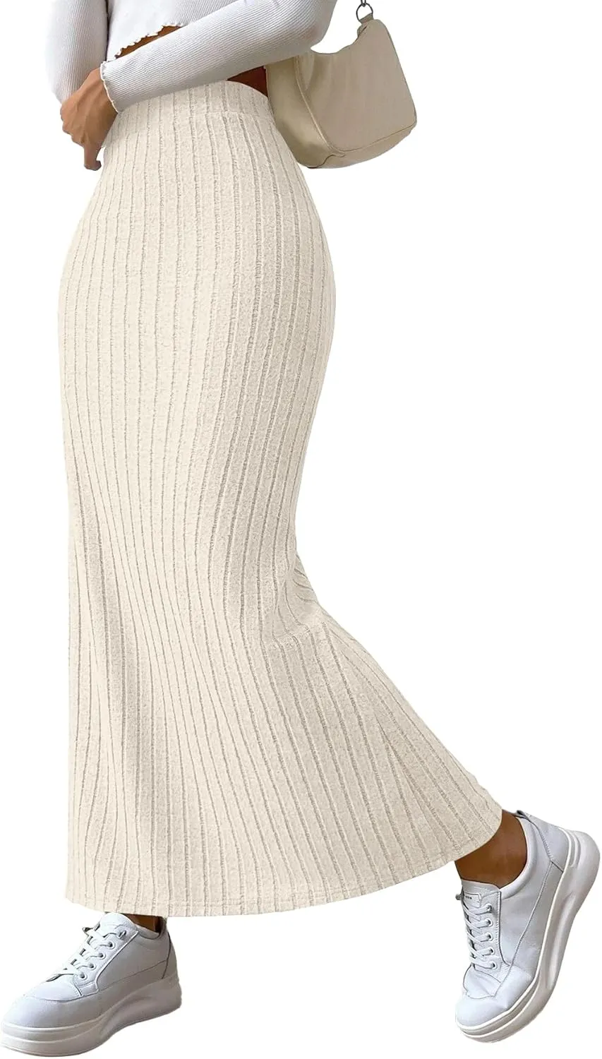 Rooscier Women's Side Slit Ribbed Knit Bodycon High Waisted Casual Long Skirts