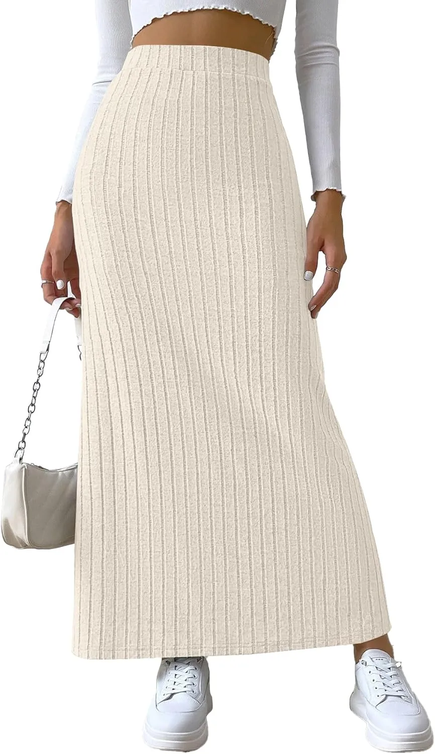 Rooscier Women's Side Slit Ribbed Knit Bodycon High Waisted Casual Long Skirts