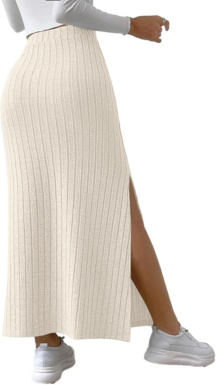 Rooscier Women's Side Slit Ribbed Knit Bodycon High Waisted Casual Long Skirts