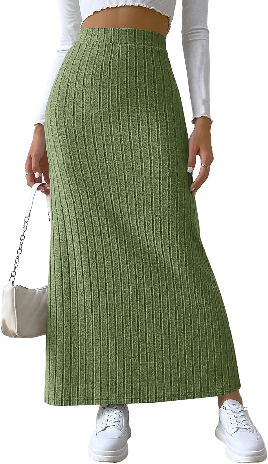 Rooscier Women's Side Slit Ribbed Knit Bodycon High Waisted Casual Long Skirts