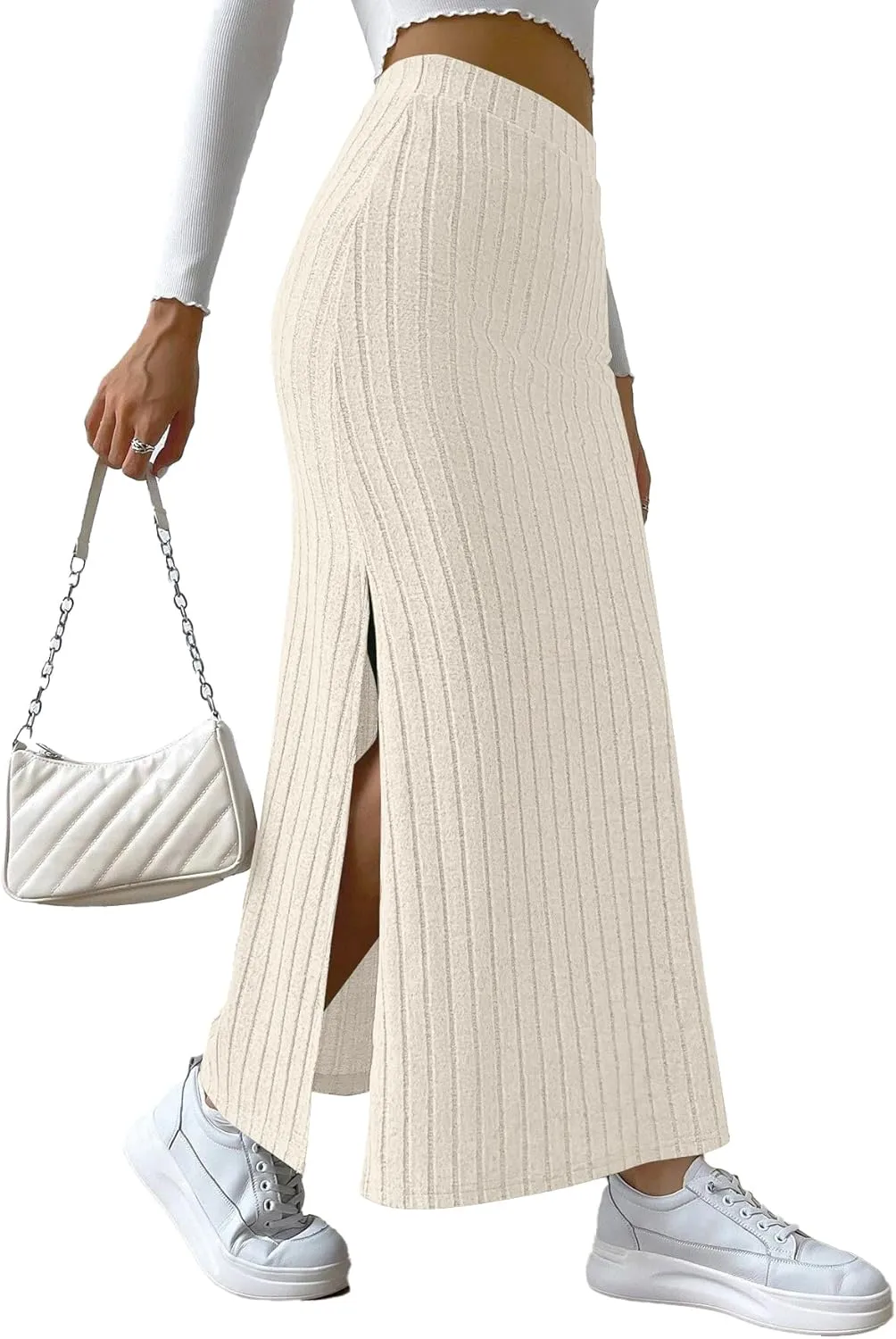 Rooscier Women's Side Slit Ribbed Knit Bodycon High Waisted Casual Long Skirts