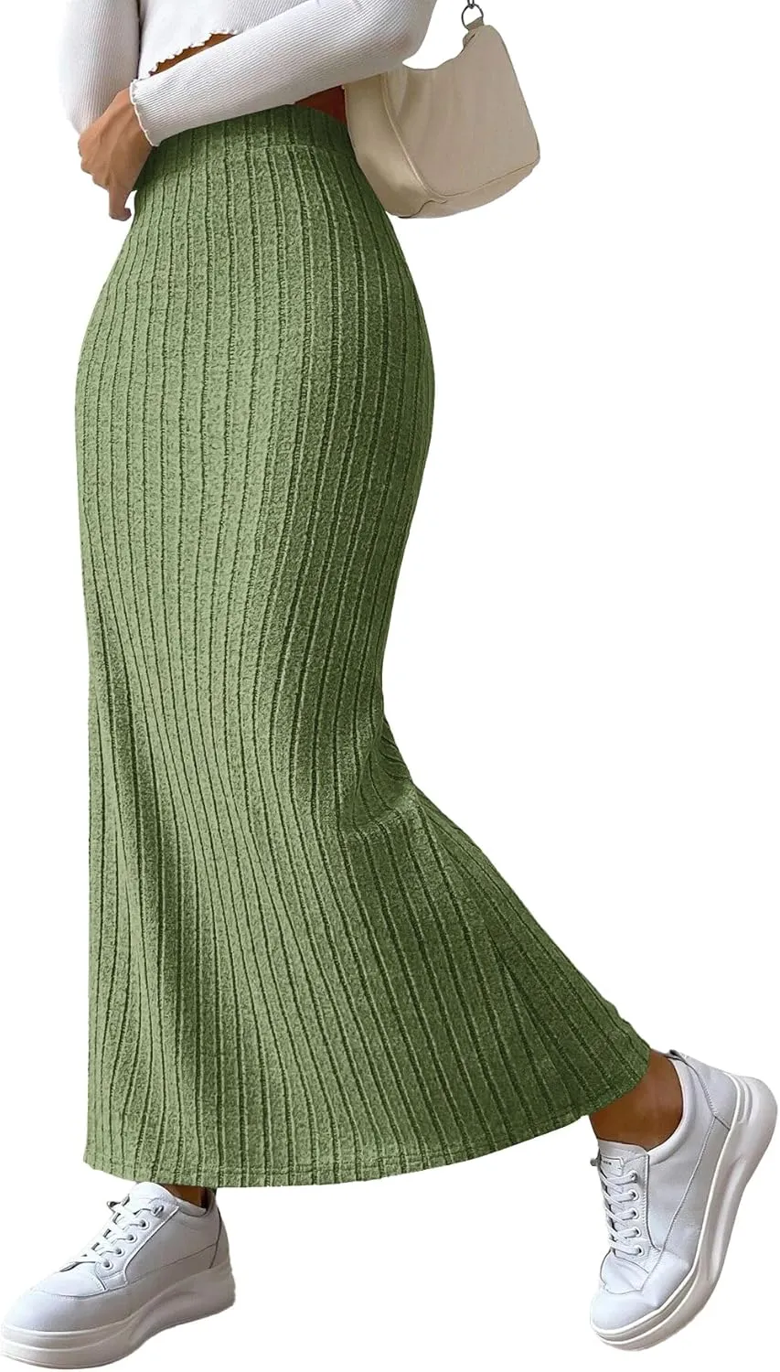 Rooscier Women's Side Slit Ribbed Knit Bodycon High Waisted Casual Long Skirts