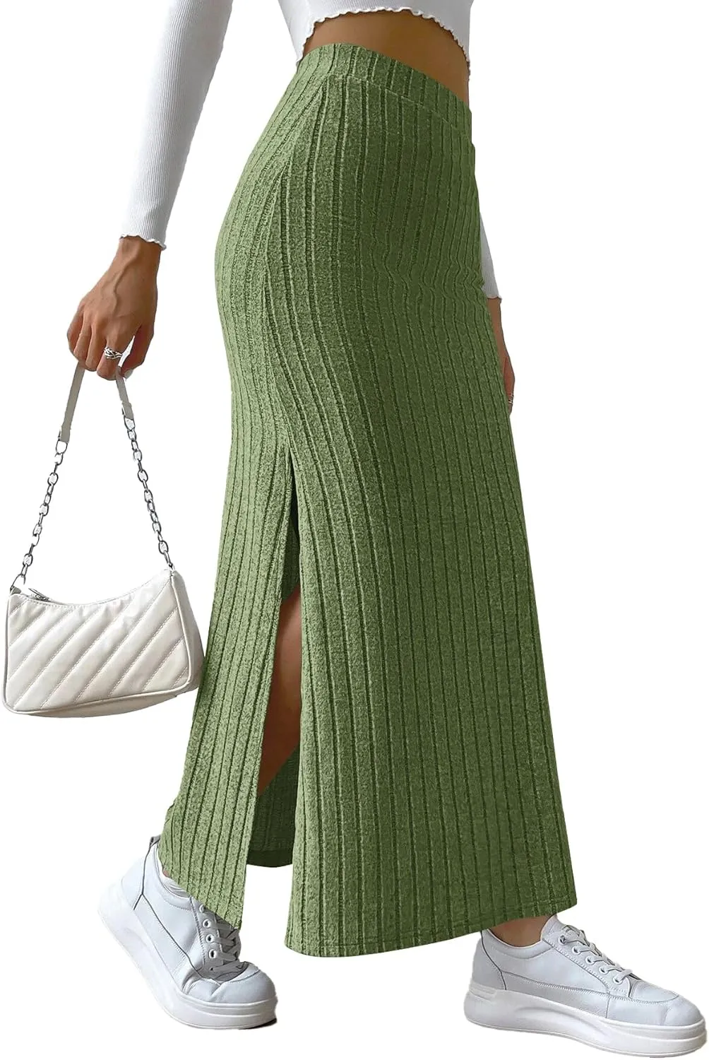 Rooscier Women's Side Slit Ribbed Knit Bodycon High Waisted Casual Long Skirts