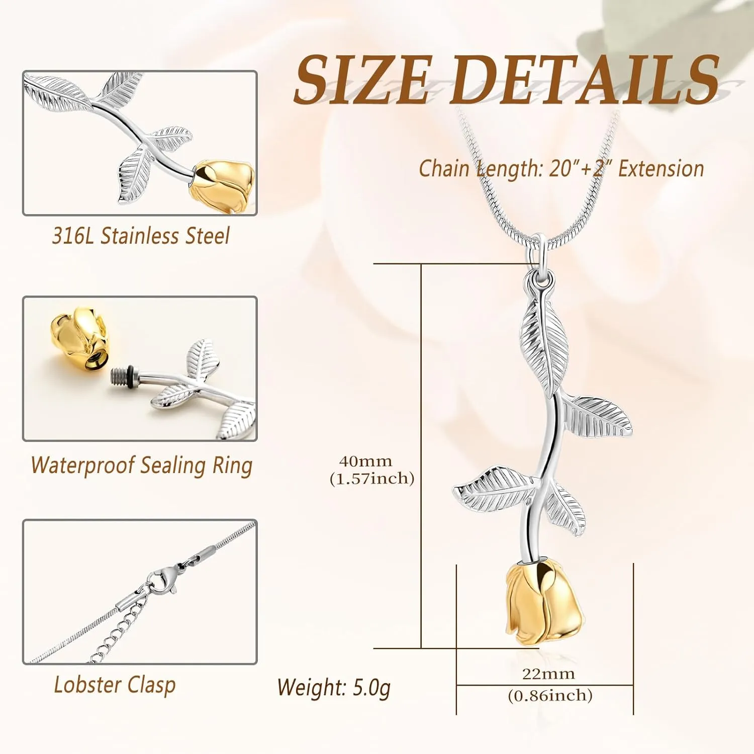 Rose Flower Cremation Jewelry Urn Necklaces for Ashes, Cremation Ash Jewelry Memorial Pendants for Human Pets Ashes