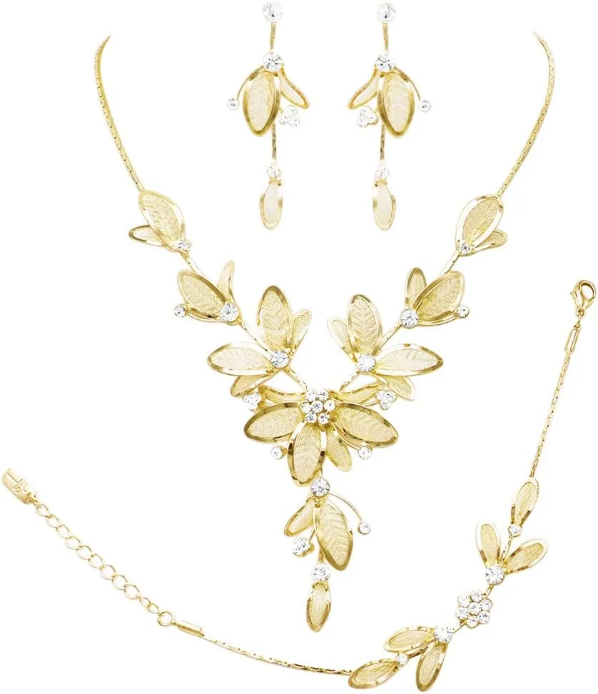 Rosemarie Collections Women's 3 Piece Rhinestone Crystal And Metal Mesh Floral Statement Necklace Bracelet Earring Jewelry Set, 17" 4" Extender
