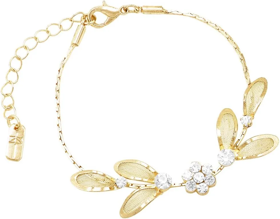 Rosemarie Collections Women's 3 Piece Rhinestone Crystal And Metal Mesh Floral Statement Necklace Bracelet Earring Jewelry Set, 17" 4" Extender