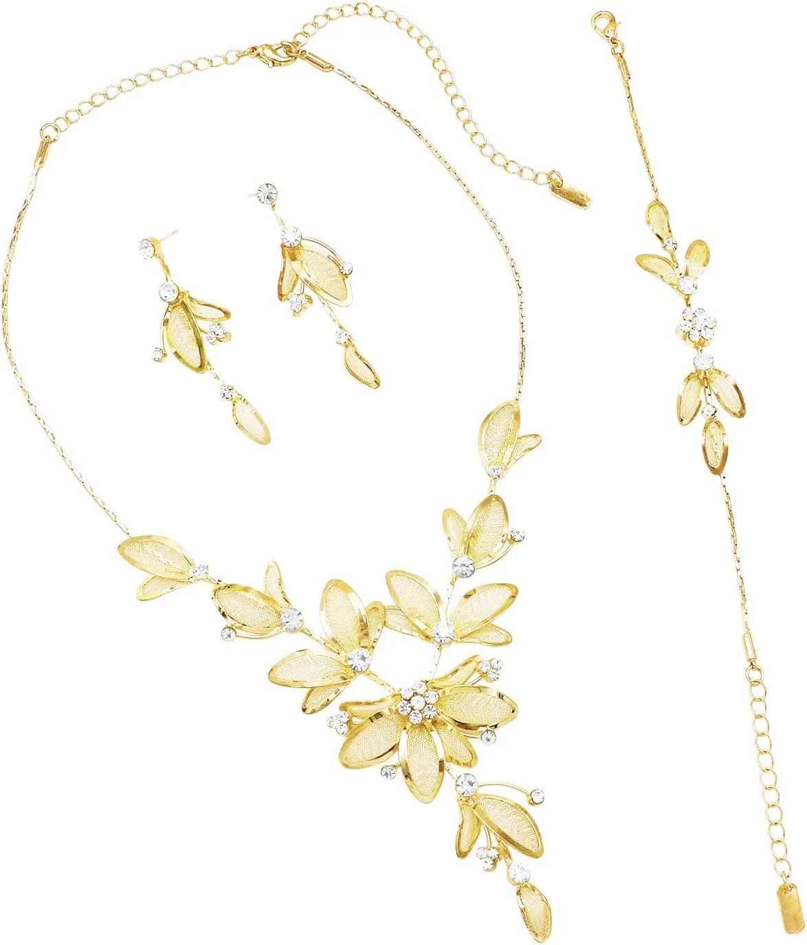 Rosemarie Collections Women's 3 Piece Rhinestone Crystal And Metal Mesh Floral Statement Necklace Bracelet Earring Jewelry Set, 17" 4" Extender