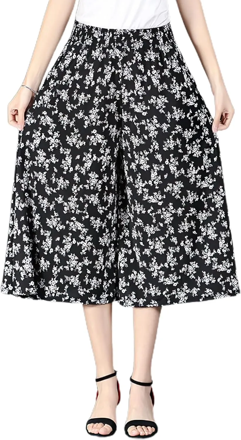 Rsvelte Culottes, Women's High Waist Pleated Chiffon Wide Leg Capri Pants Culottes Pants Skirt for Women
