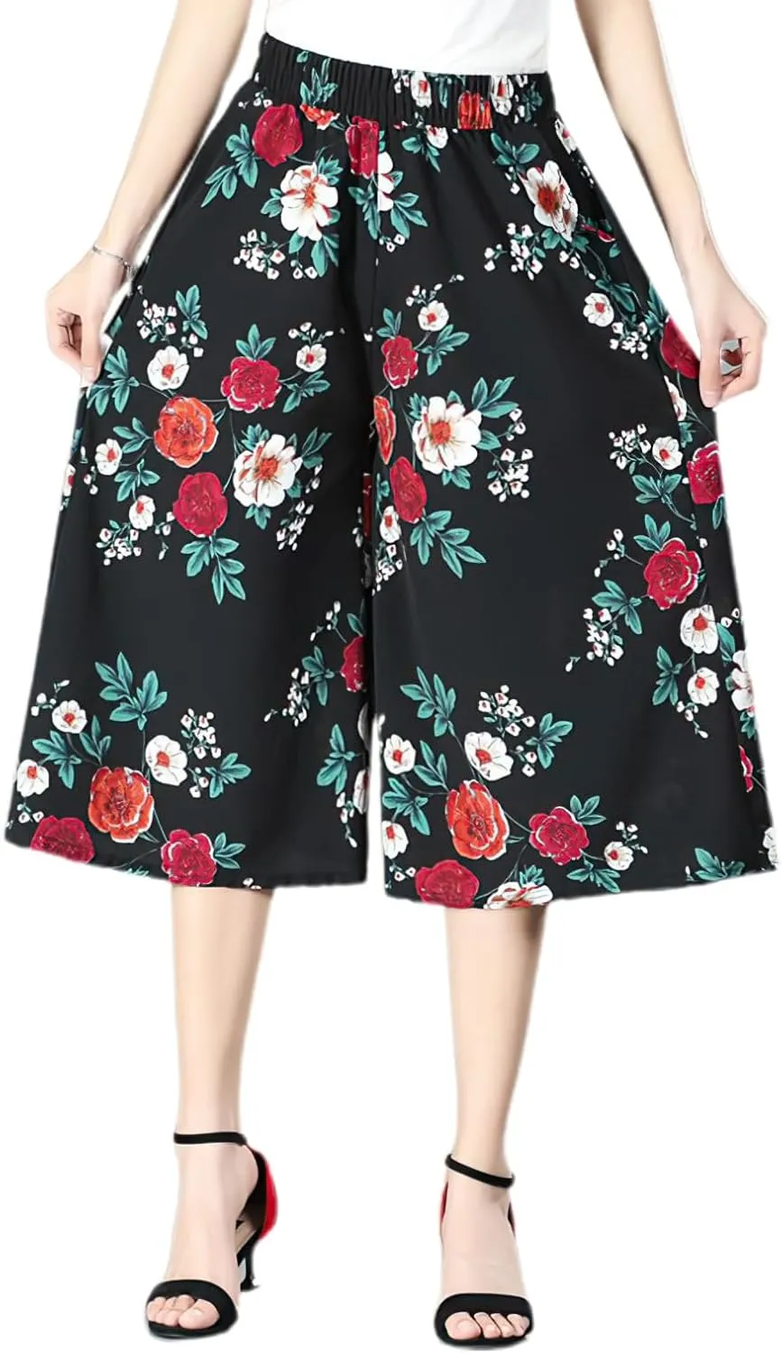 Rsvelte Culottes, Women's High Waist Pleated Chiffon Wide Leg Capri Pants Culottes Pants Skirt for Women