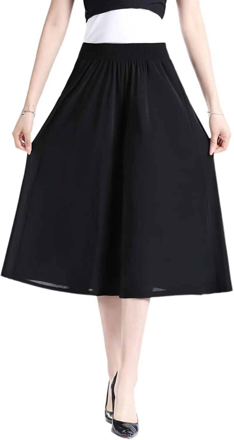 Rsvelte Culottes, Women's High Waist Pleated Chiffon Wide Leg Capri Pants Culottes Pants Skirt for Women
