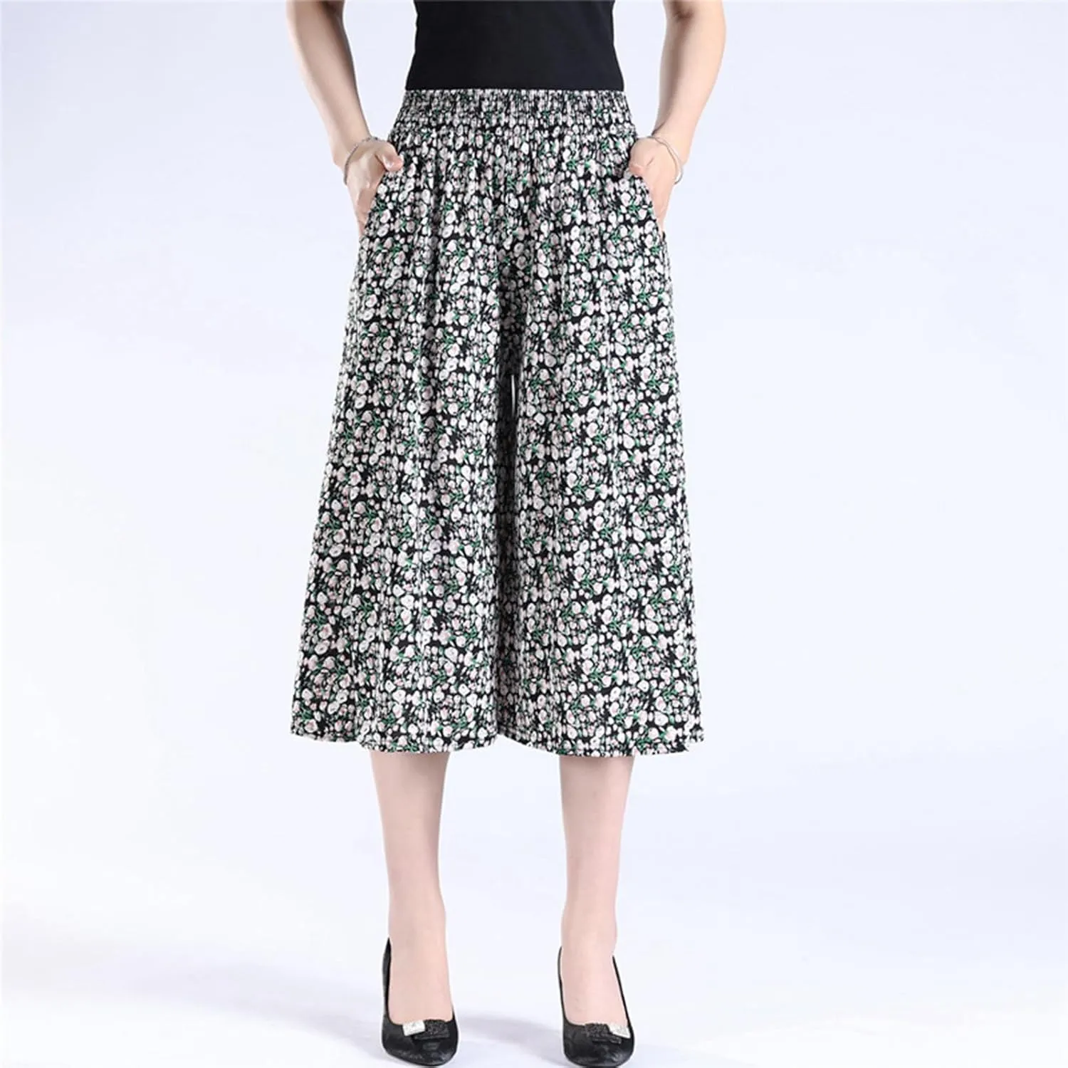 Rsvelte Skirt Pants, Rsvelte Culottes for Women, Women's High Elastic Waist Pleated Chiffon Wide Leg Culottes?