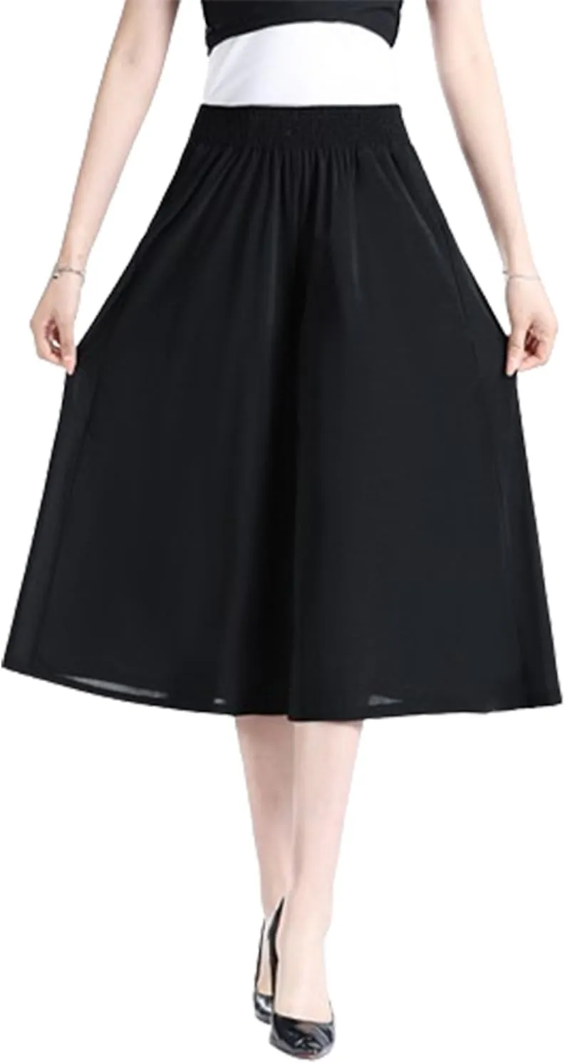 Rsvelte Skirt Pants,Women's High Elastic Waist Pleated Chiffon Wide Leg Culottes,High Waist Culottes Knee Length