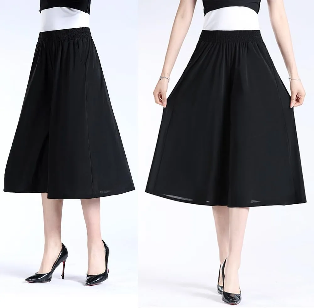 Rsvelte Skirt Pants,Women's High Elastic Waist Pleated Chiffon Wide Leg Culottes,High Waist Culottes Knee Length