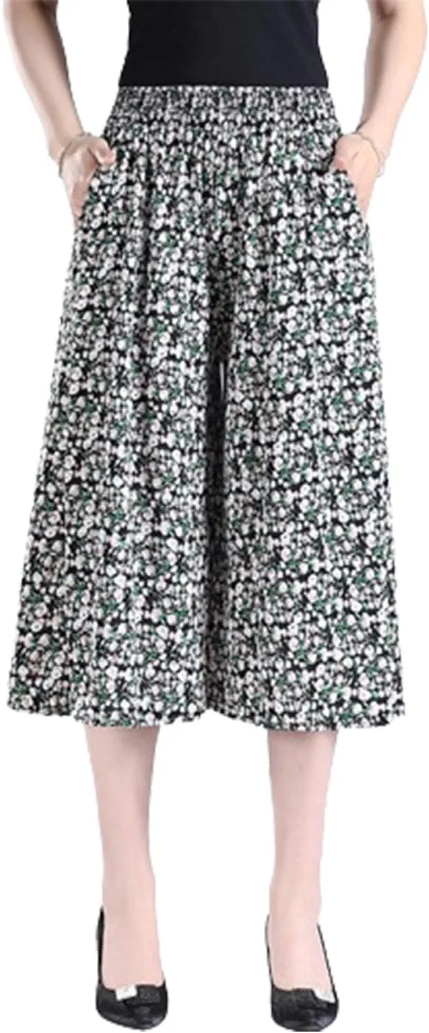 Rsvelte Skirt Pants,Women's High Elastic Waist Pleated Chiffon Wide Leg Culottes,High Waist Culottes Knee Length