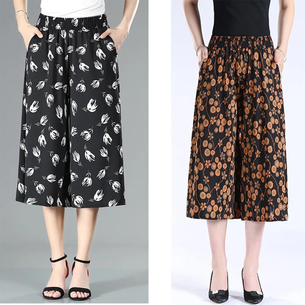 Rsvelte Skirt Pants,Women's High Elastic Waist Pleated Chiffon Wide Leg Culottes,High Waist Culottes Knee Length