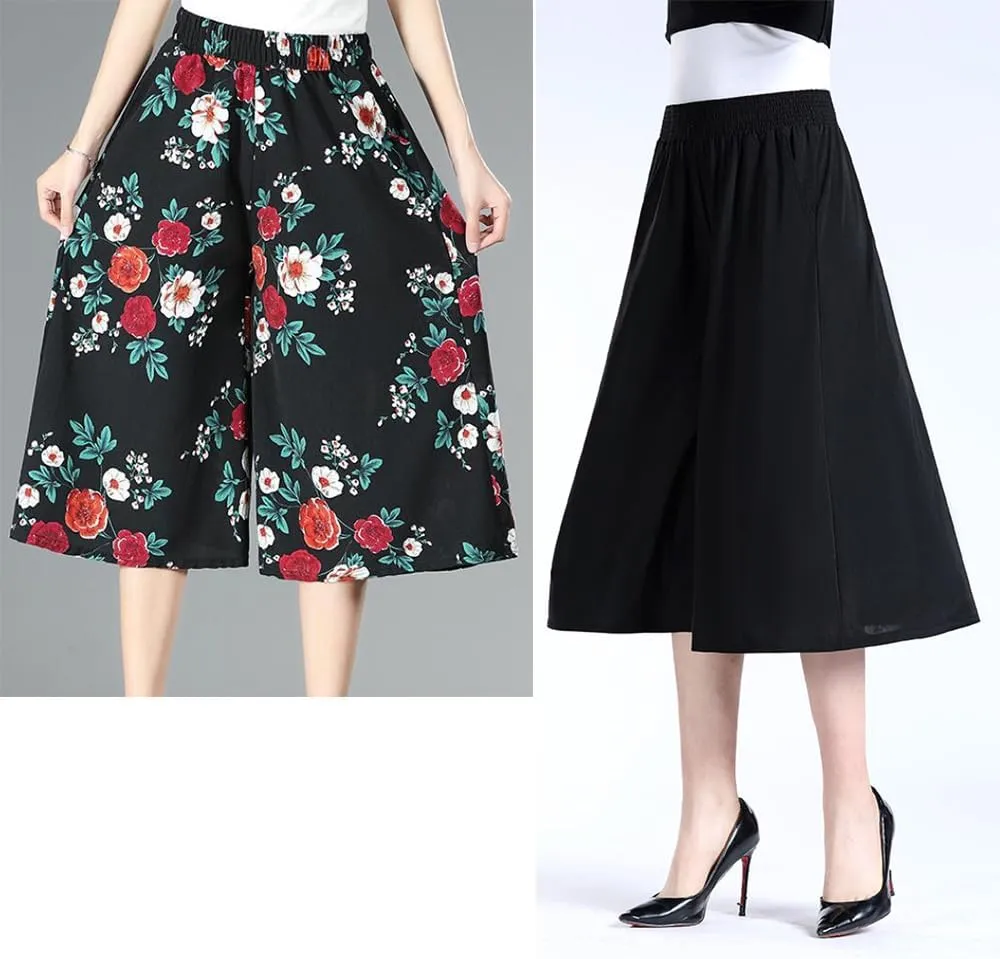 Rsvelte Skirt Pants,Women's High Elastic Waist Pleated Chiffon Wide Leg Culottes,High Waist Culottes Knee Length