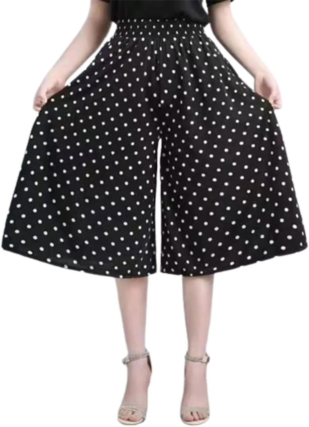 Rsvelte Skirt Pants,Women's High Elastic Waist Pleated Chiffon Wide Leg Culottes,High Waist Culottes Knee Length