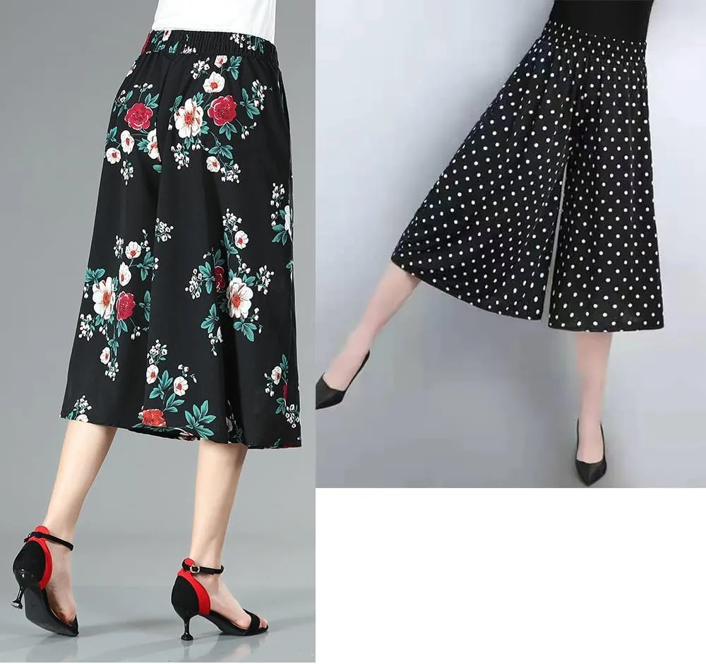 Rsvelte Skirt Pants,Women's High Elastic Waist Pleated Chiffon Wide Leg Culottes,High Waist Culottes Knee Length