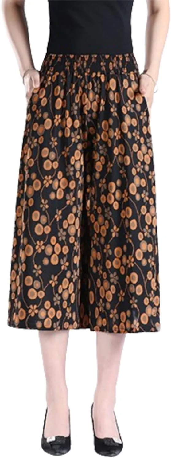 Rsvelte Skirt Pants,Women's High Elastic Waist Pleated Chiffon Wide Leg Culottes,High Waist Culottes Knee Length